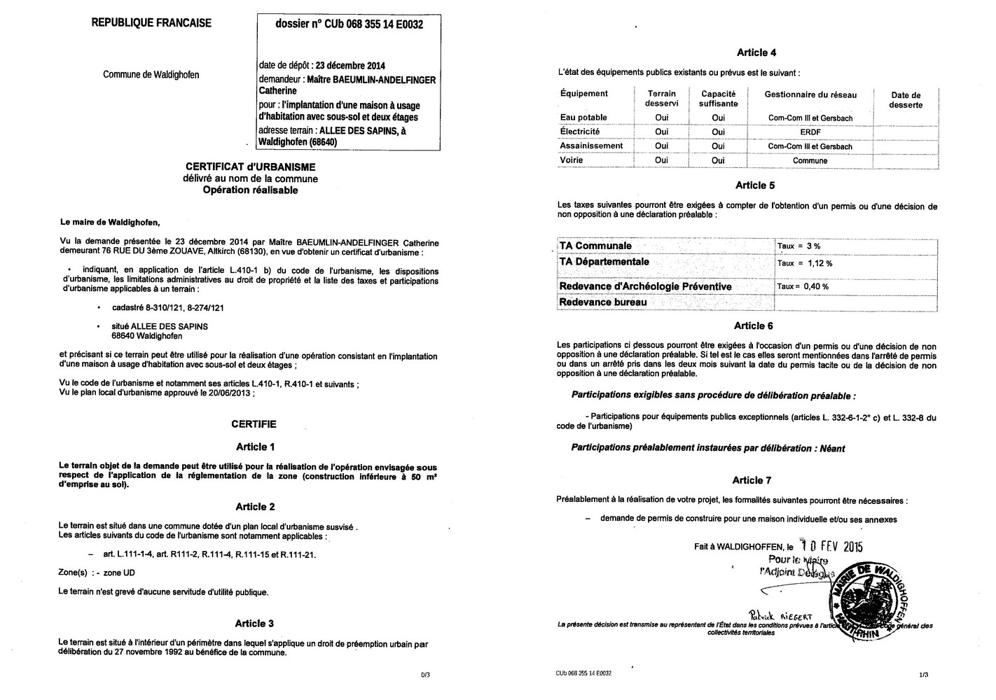 Certificat d'urbanisme délivré à Maître BAEUMLINANDELFINGER, notaire