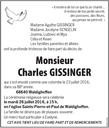 Faire part de la famille décès Charles Gisssinger