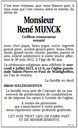 Avis de décès de Munck René