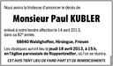 Avis de décès Paul Kubler