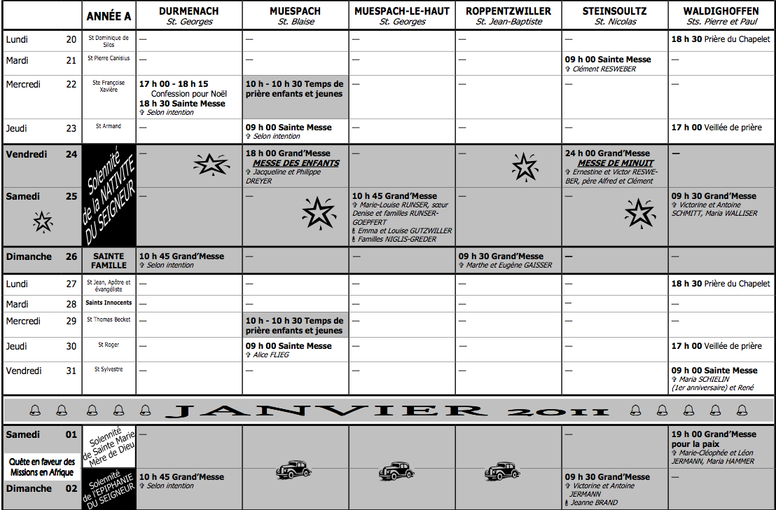 Calendrier Liturgique du 20 décembre 2010 au 2 janvier 2011