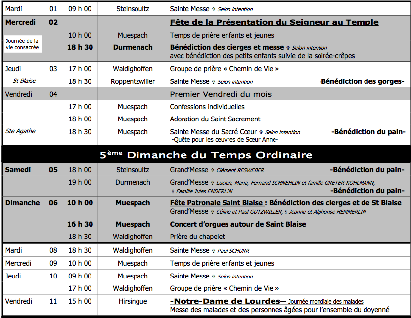 Calendrier Liturgique du 1er au 20 février 2011 - partie 1