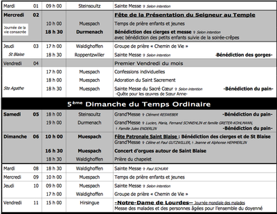 Calendrier Liturgique du 1er au 20 février 2011 - partie 1