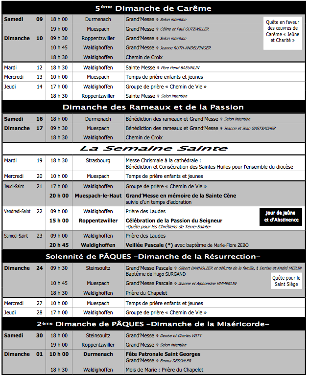 Capture d'écran calendrier liturgique du 9 avril au 1er mai 2011