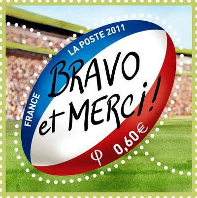 Rugby-Bravo et merci, timbre créé par la poste le 23-10-11