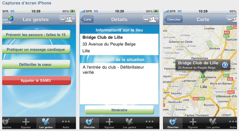 Captures d'écran iPhone sur les défibrillateurs