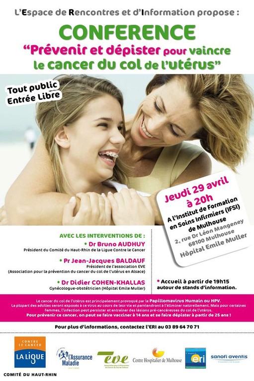 Affiche de la conférence "Prévenir et dépister pour vaincre le cancer du col de l&rsquo;utérus" le 29 avril à Mulhouse