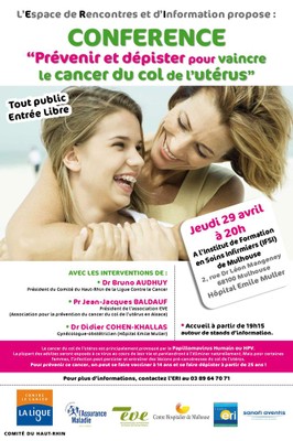 Affiche de la conférence "Prévenir et dépister pour vaincre le cancer du col de l'utérus" le 29 avril à Mulhouse