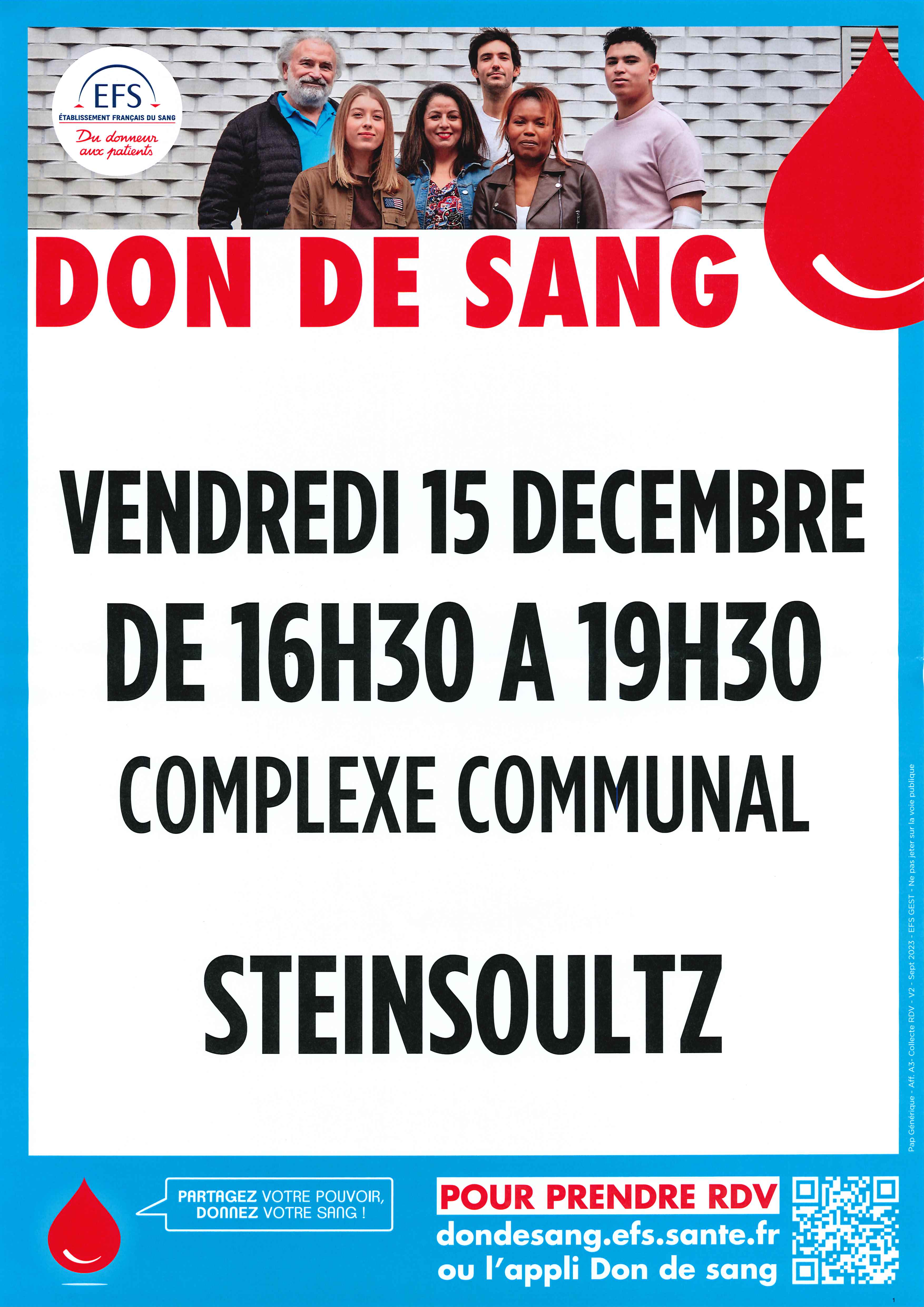 Affiche don de sang Steinsoultz le 15 décembre 2023