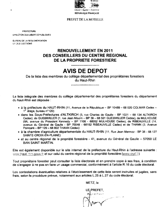 Avis de dépôt renouvellement 2011 des conseillers du centre regional de la propriété forestière