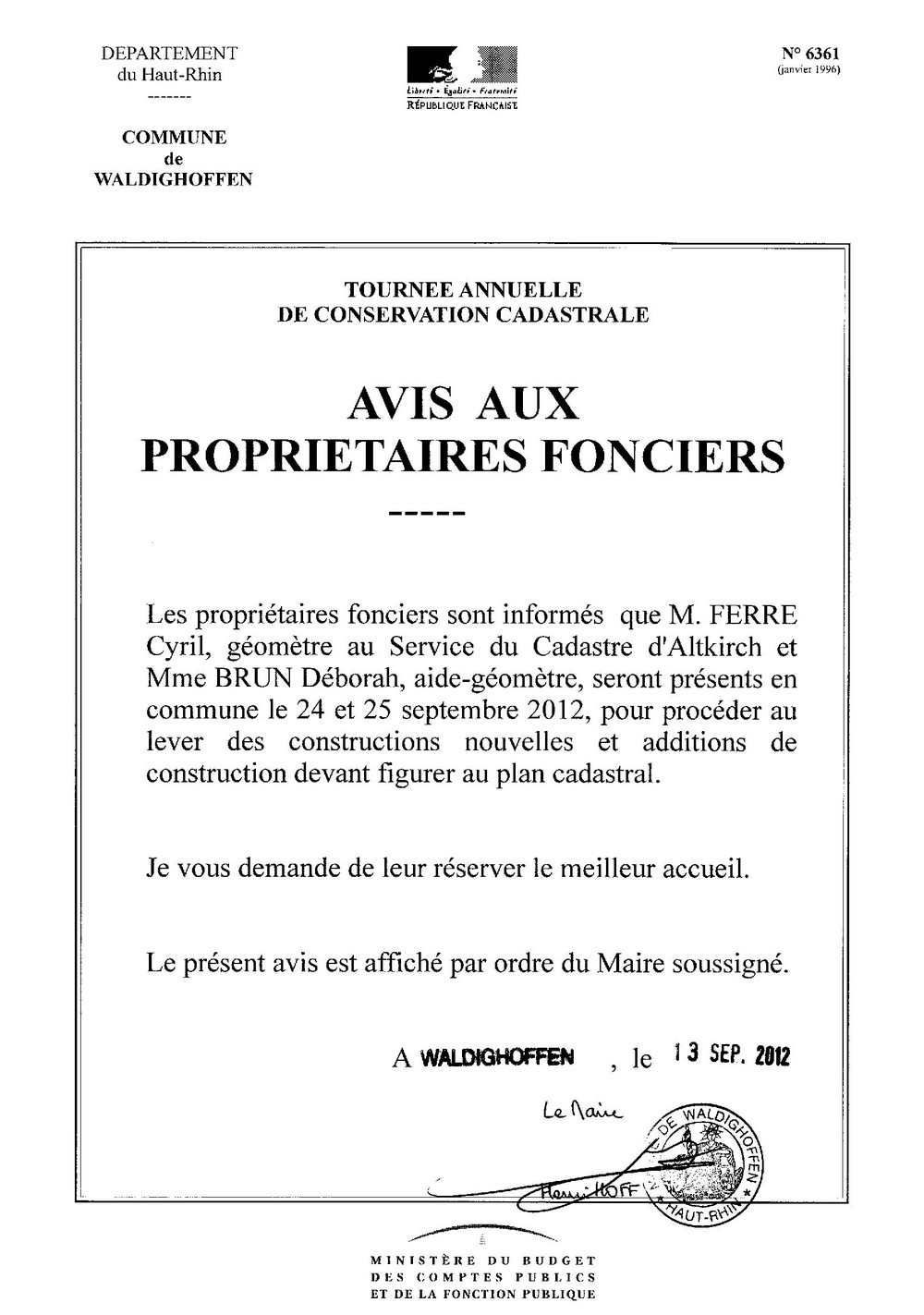 Avis de tournée annuelle de conservation cadastrale 2012