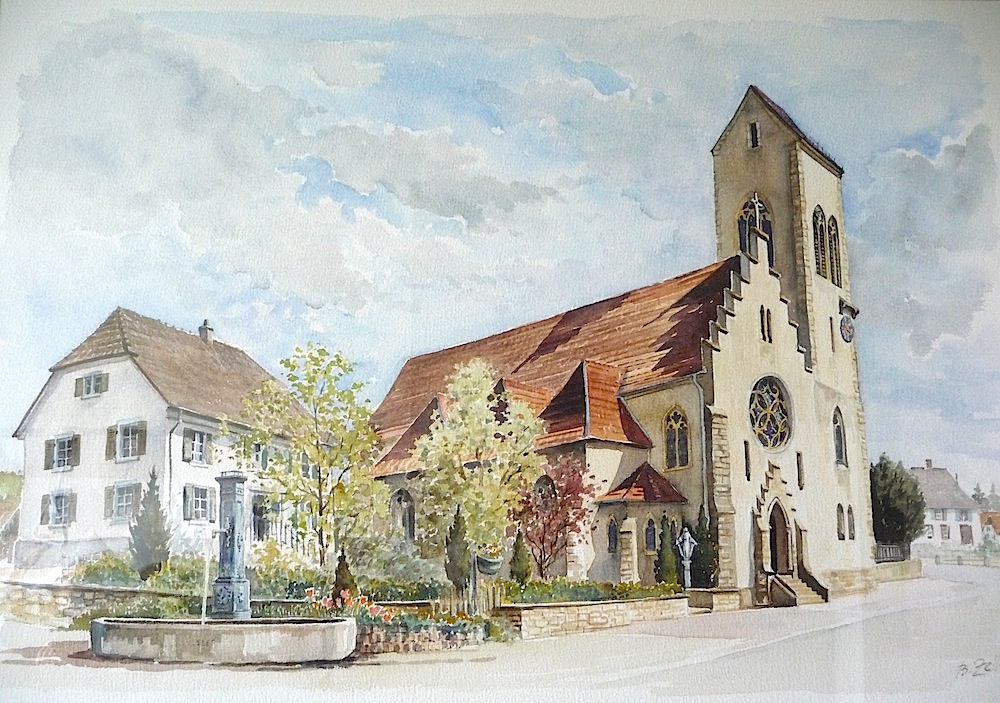 Eglise de Waldighoffen et presbytère. Tableau de Bernadette Zeller appartenant à l'abbé Ditner