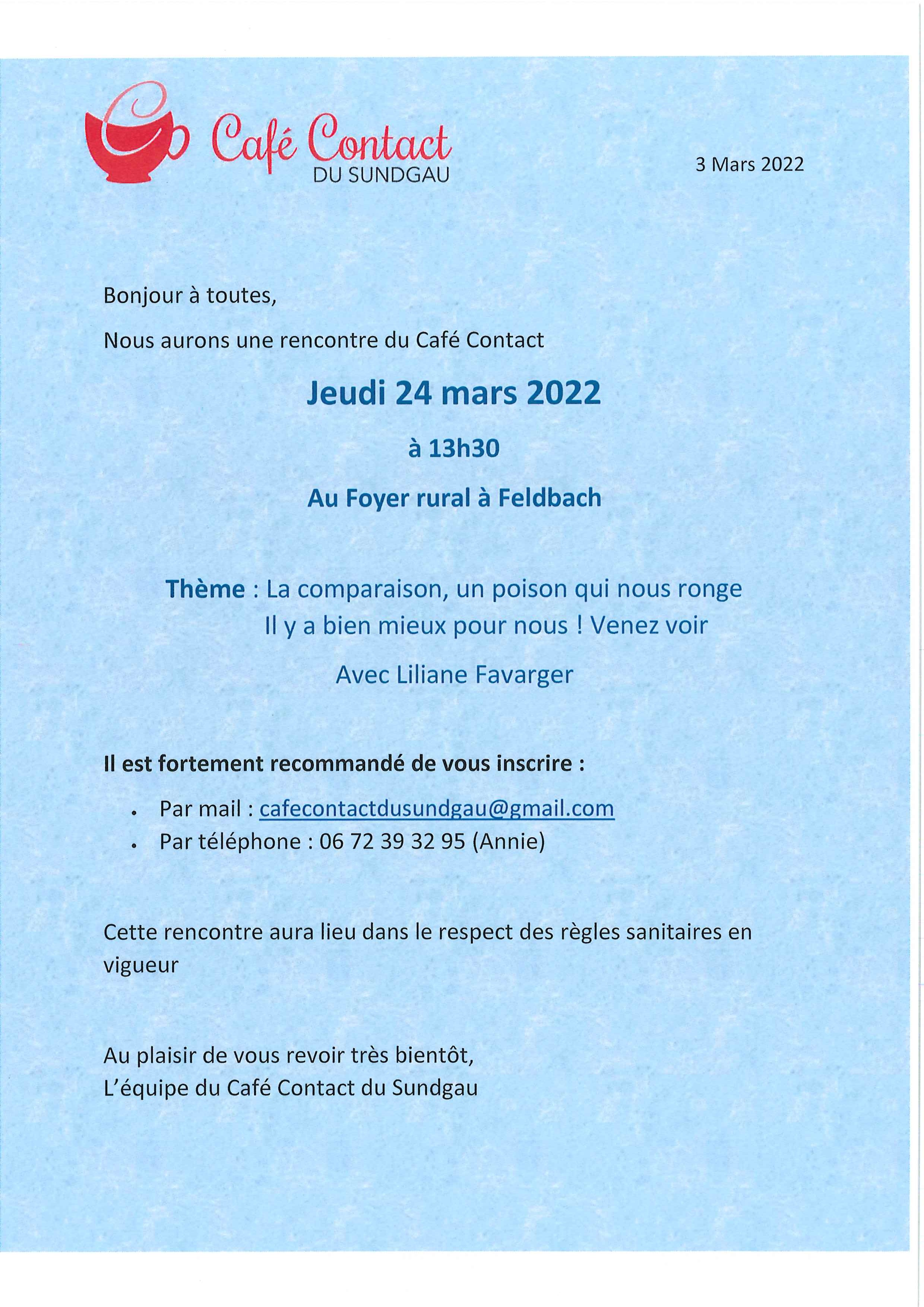 Le Jeudi 24 mars 2022 - Café contact du Sundgau à Feldbach