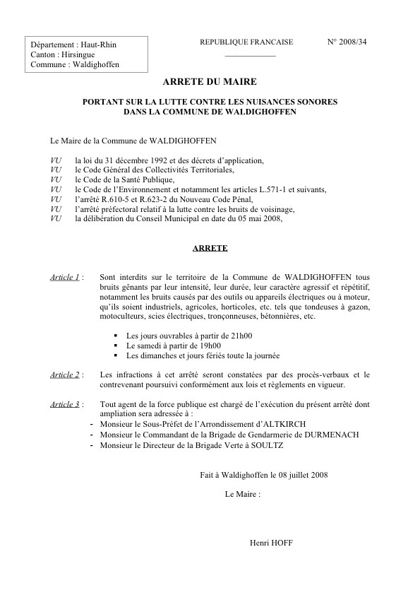 Image de l'arrêté sur les nuisances sonores à Waldighoffen
