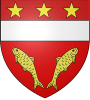 Blason fond rouge, 1 bande blanche, 3 étoiles jaunes et 2 poissons.