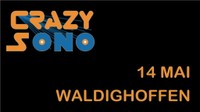 Le logo avec la date 14 mai 2011 de la soirée Crazy Sono à Waldighoffen écrit en bleu et orange sur fond noir.