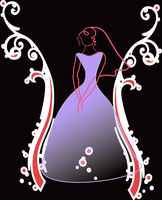 Dessin abstrait d'une mariée violette sur un fond noir.