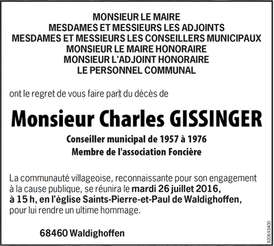 annonce mortuaire décès Charles Gissinger