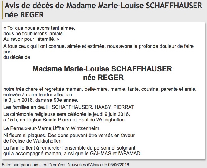 Avis de décès de Mme Marie-Louise Schaffhauser