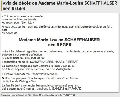 Avis de décès de Mme Marie-Louise Schaffhauser