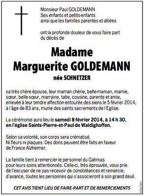 Avis décès Marguerite Goldemann