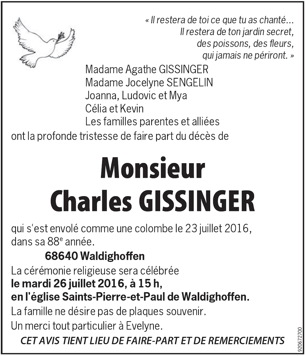 Faire part de la famille décès Charles Gisssinger