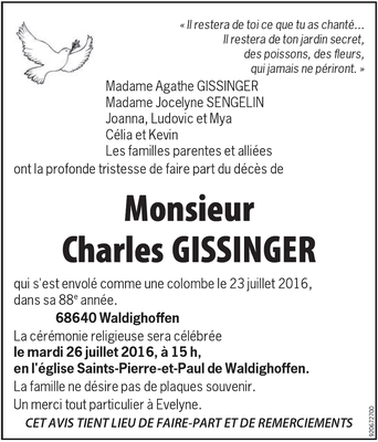 Faire part de la famille décès Charles Gisssinger