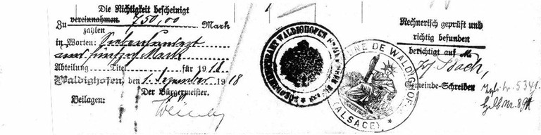 Extrait d&rsquo;une facture de 1918-Cachets allemand et français côte à côte 