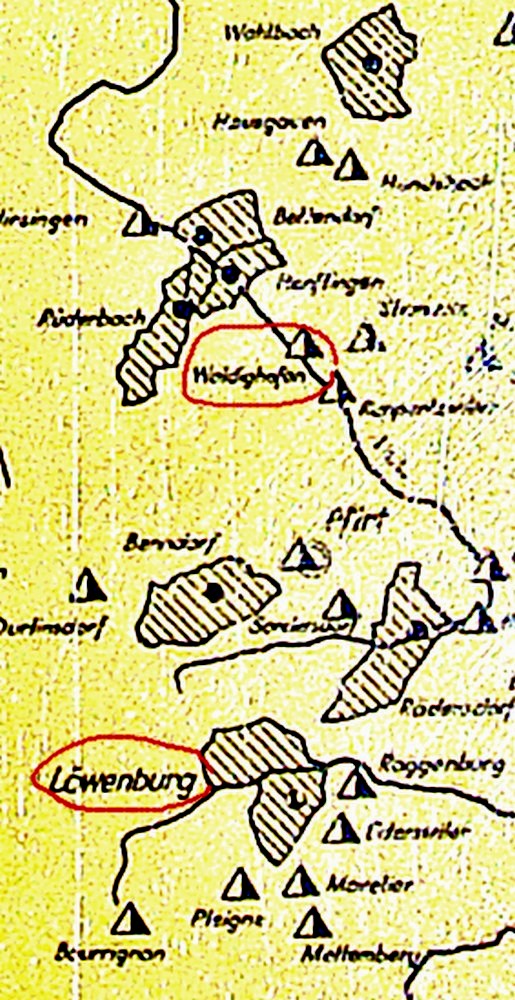 Carte du Löwenburg et du Sundgau (Entourés de rouge Waldighoffen et Löwenburg)