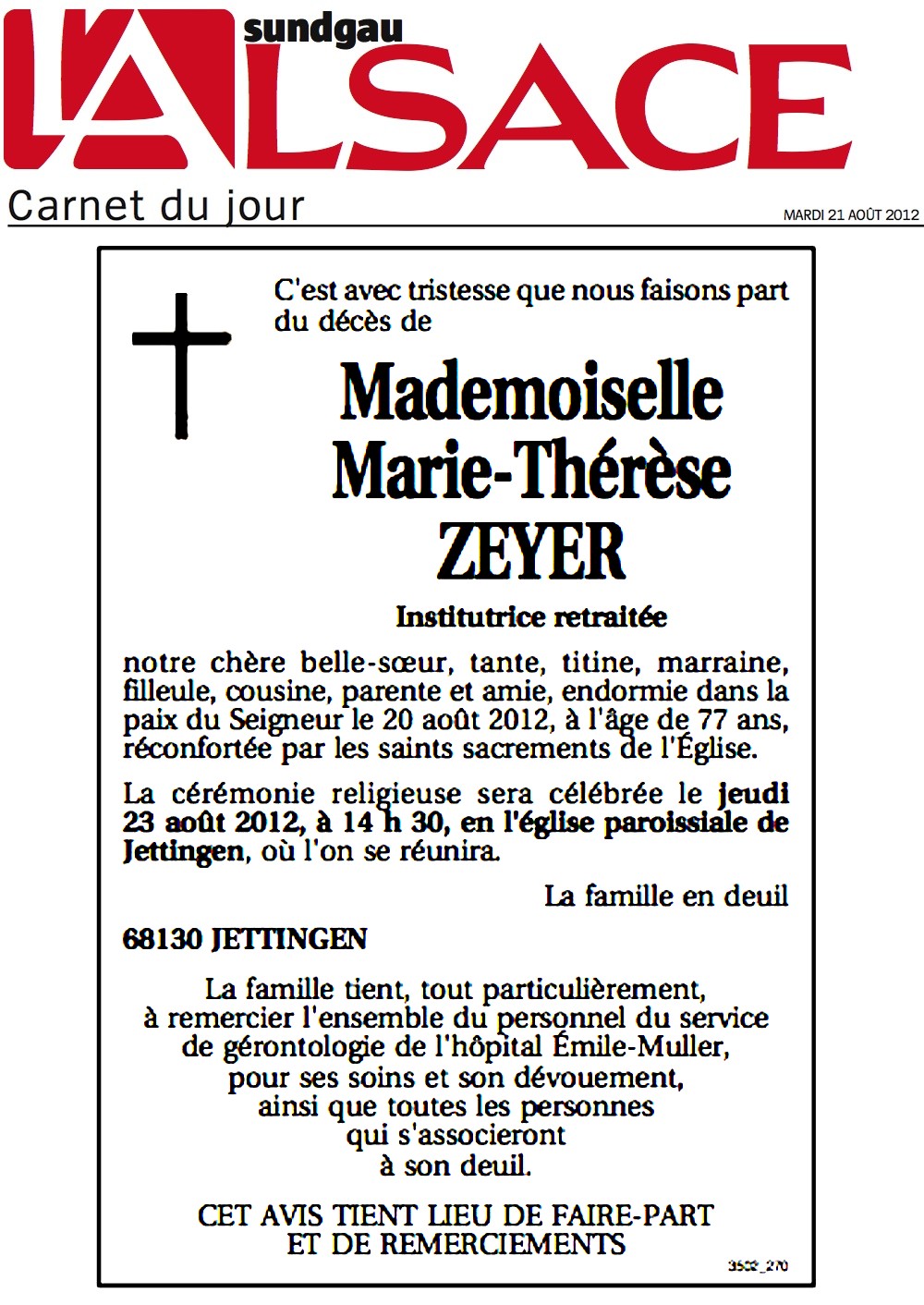 Avis de décès ZEYER Marie-Thérèse