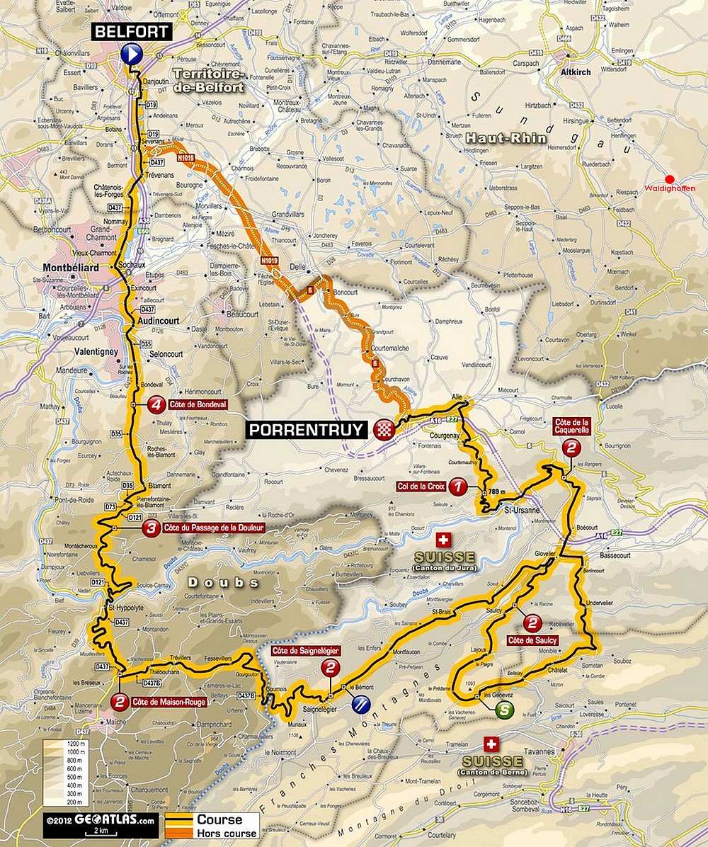 Tour de France 2012 Carte étape 8 juillet Belfort-Porrentruy (157,5 km)