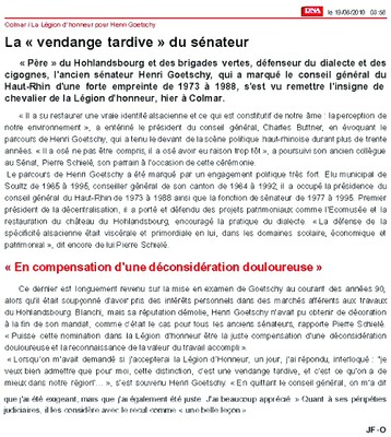 Article des DNA du 19 08 2010 concernant la remise de la Légion d'Honneur de Henri Goetschy 