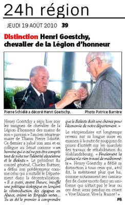 Article de l’Alsace du 19 08 2010 concernant la remise de la Légion d’Honneur de Henri Goetschy