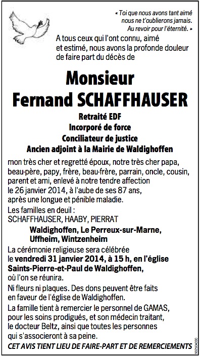 Annonce famille Fernand Schaffhauser