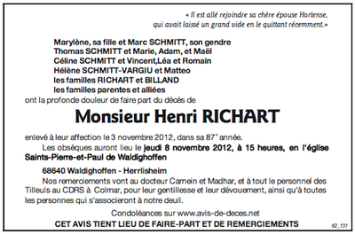 Avis de décès de Richart Henri