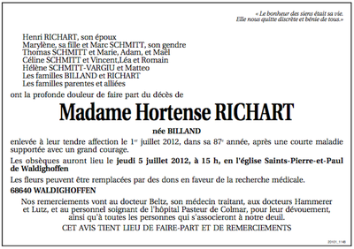 Avis de décès de Richart Hortense