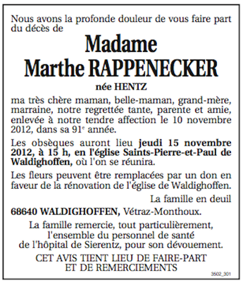 Avis de décès Marthe Rappenecker