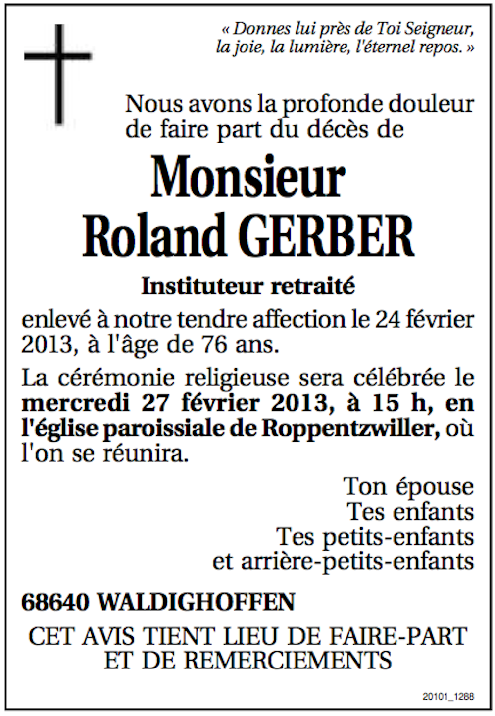 Avis de décès Gerber Roland