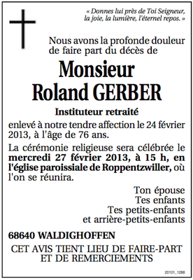 Avis de décès Gerber Roland