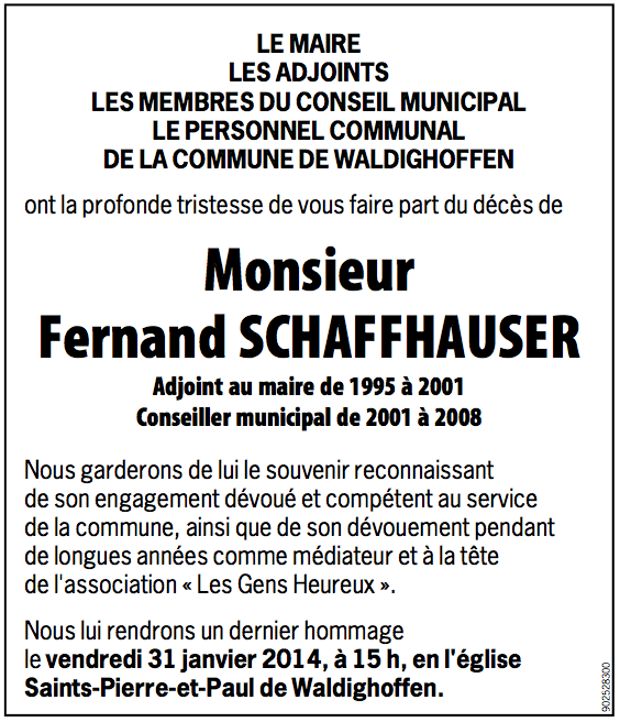 Avis de décès Schaffhauser Fernand
