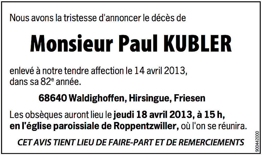 Avis de décès Paul Kubler
