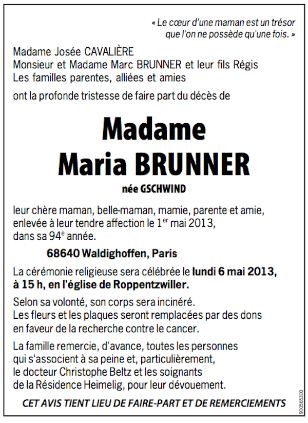 Décès Brunner Maria