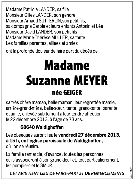 Parution presse décès Meyer Suzanne