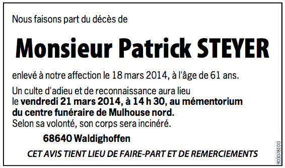 Avis de décès Patrick STEYER