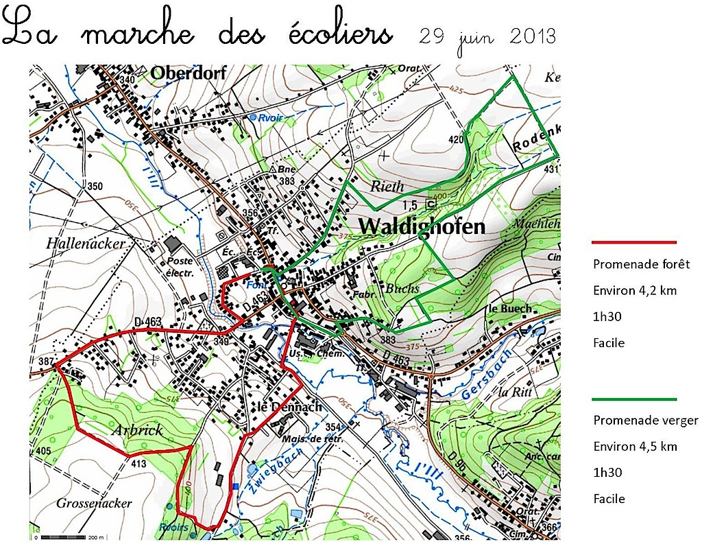 Carte sentiers pédagogiques nord et sud à Waldighoffen La marche des écoliers