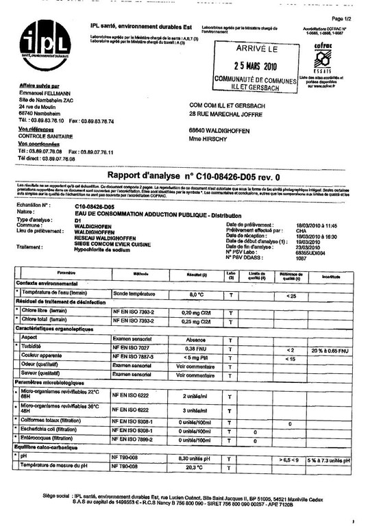 Rapport d’analyse d’eau potable n°C10-08426-D05 du 18/03/2010 - 1