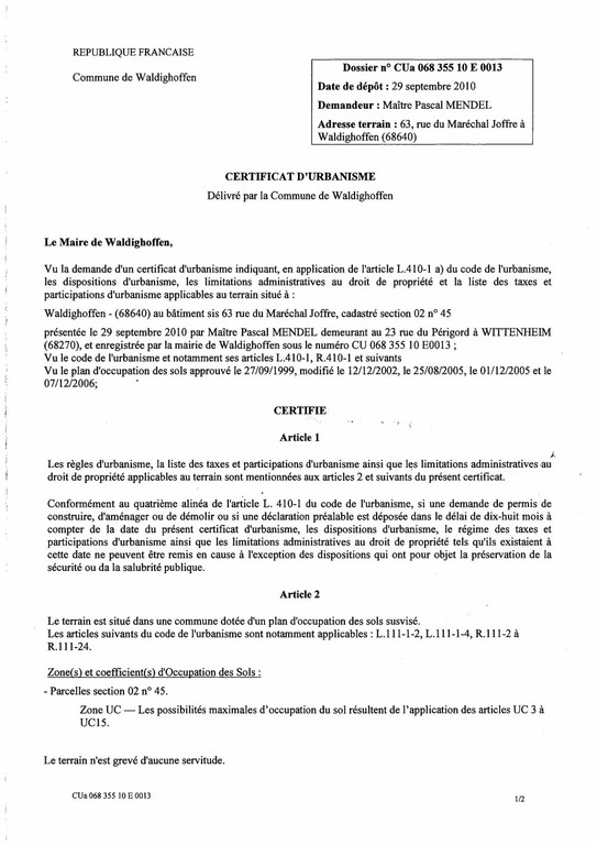 Certificat d’urbanisme n°06835510E0013 - Me Pascal MENDEL