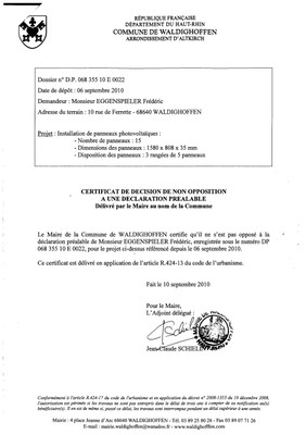 Non opposition DP 10E0022 - EGGENSPIELER Frédéric