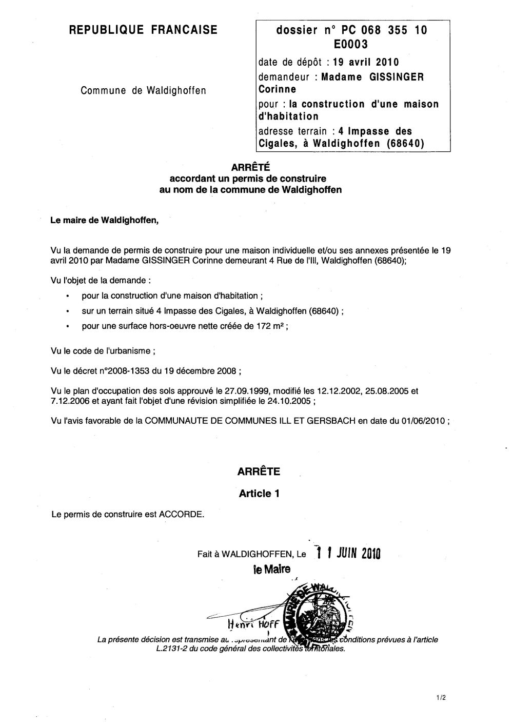 Non opposition permis de construire n°10E0003 - Mme Corinne GISSINGER