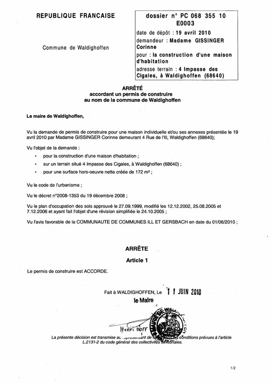 Non opposition permis de construire n°10E0003 - Mme Corinne GISSINGER